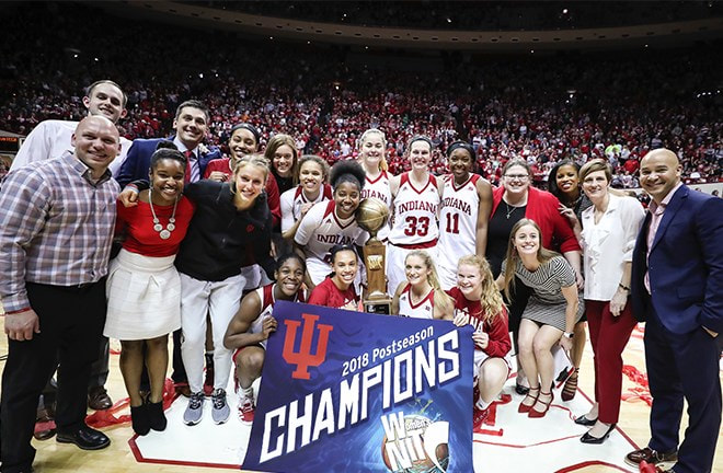 Team and staff of IU Women's Basketball with their 2018 WNIT tournament trophy. 